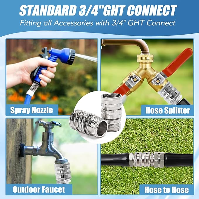 Stainless Steel Garden Hose Quick Connect Set, 3/4 Inch GHT Water Hose Fittings, Heavy Duty Quick Release Connector for Garden Hose, and Sprayers