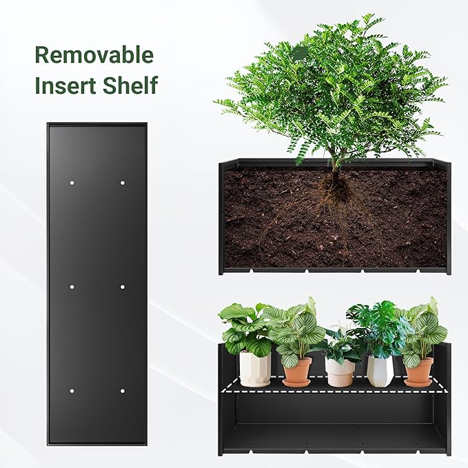 Metal Planter Box 46” x 16” x 16”, Tall Planter Box with Removable Insert Shelf, Black Steel Planter Heavy Duty for Porch, Garden, Patio, Yard