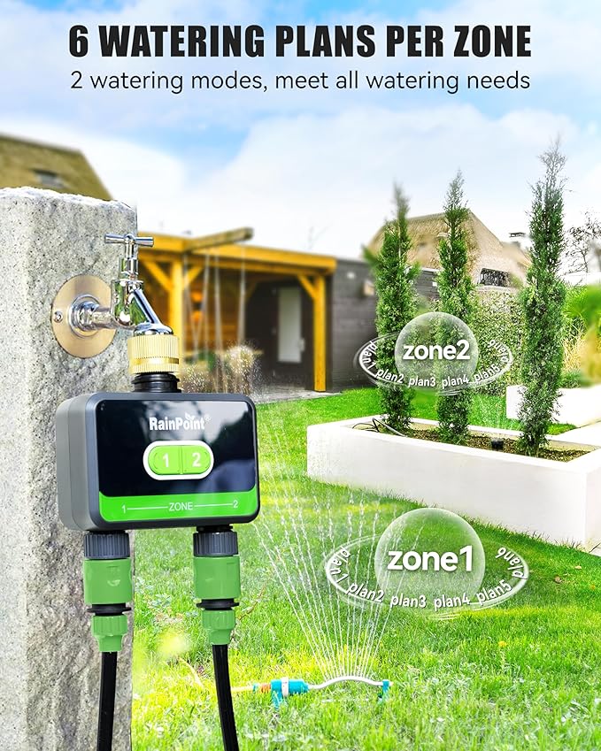 RAINPOINT Bluetooth Water Timer for Garden Hose, Smart Hose Timer 2 Outlet(Not Hub), Wireless Sprinkler Watering Timer with Rain Delay, Automatic Irrigation System for Lawns and Yard