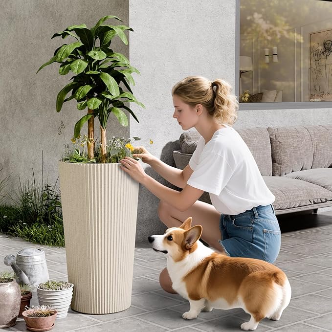 23.6" Tall Planters for Outdoor Plants,Large Outdoor Planters for Front Porch Decor with Drainage Hole, Flower Pots Fits Indoor Plants Patio/Garden, Plastic Striped Off-White (2 Pack)