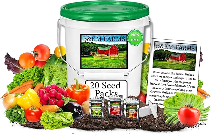 B&KM Farms 10,000 Non GMO Heirloom Vegetable Seeds for Planting Vegetables and Fruits (20 Variety Pack) - Gardening Seed Starter Kit, Survival Gear Food, Gardening Gifts, Prepper Supplies