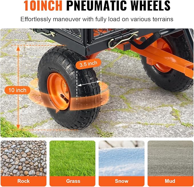 VEVOR 880lbs Steel Garden Dump Cart Utility Wagon, Heavy Duty Yard Dump Wagon Cart with Removable Sides, Pullable Handle, Utility Liner, 10in All Terrain Wheels