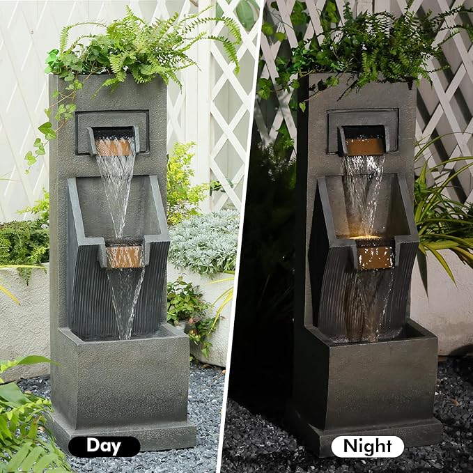 35" H 3-Tier Indoor/Outdoor Modern Water Fountain with LED Lights and Pump, Outdoor Freestanding Cascading Waterfall - Suitable for Garden, Patio, Porch, Yard and Outdoor Decor (Brown)