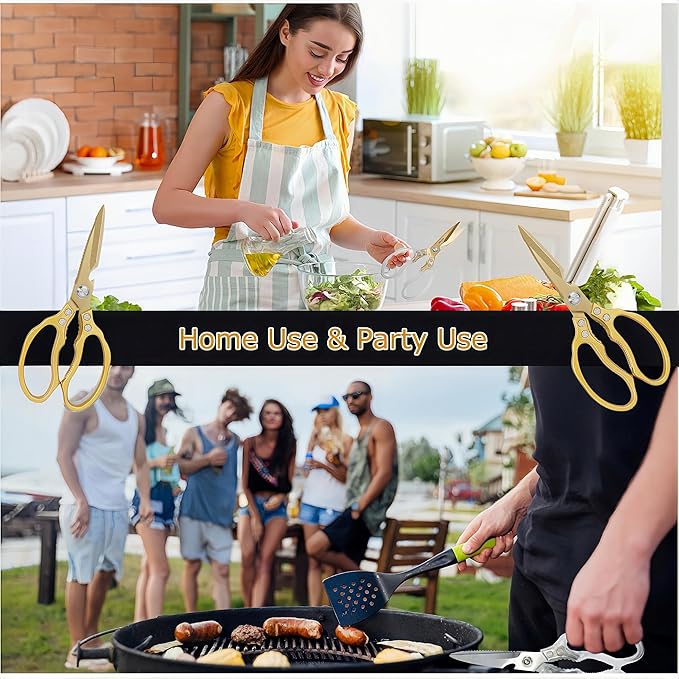 Japanese Gold Kitchen Scissors, Heavy Duty Stainless Steel, Multipurpose Cooking Shears, Dishwasher Safe