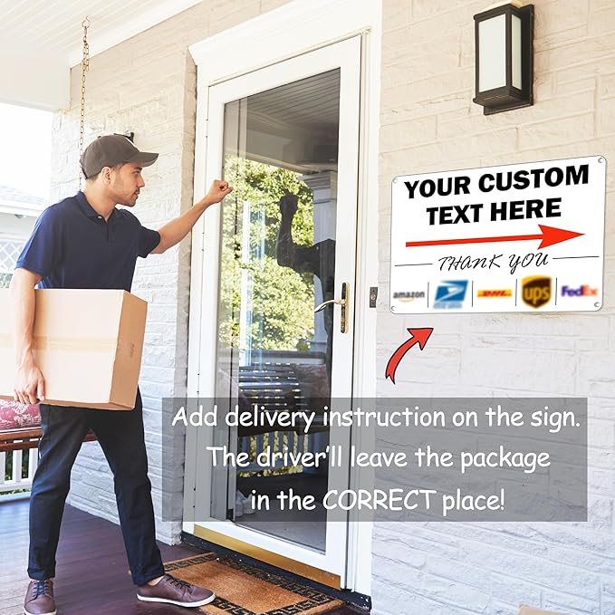 Custom Metal Delivery Sign for Packages, Waterproof Personalized Leave Packages Sign for Home, Leave Your Delivery Instruction on Signage (Warning style, 18"x12")