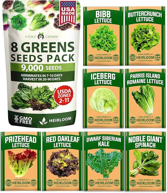 HOME GROWN Lettuce Seeds for Planting - 8 Varieties Non-GMO Heirloom Salad Greens Seeds - 9000+ USA-Sourced Vegetable Seeds for Planting Outdoors, Indoors, Hydroponic Garden