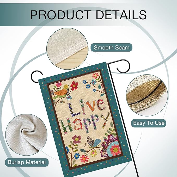 Hzppyz Live Happy Decorative Small Garden Flag Flower Bird, Spring Summer Inspirational Quote House Yard Outdoor Butterfly Floral Decor Double Sided, Fall Positive Farmhouse Outside Decoration 12 x 18