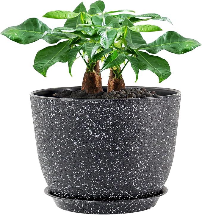 12inch Large Plant Pot, Modern Plastic Planter with High Driange Holes and Saucer for Indoor Outdoor Garden Plants and Flowers, Black Speckles