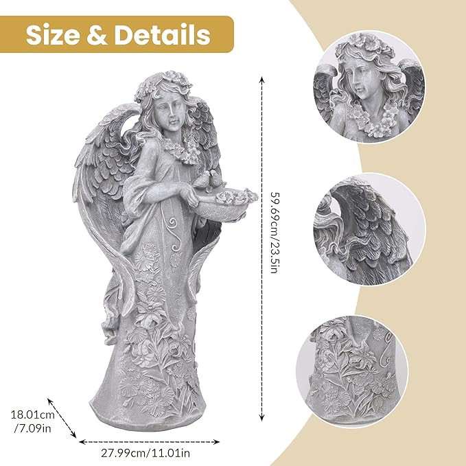 Hanna Roberts Outdoor Statues Angel Décor Garden Statue- 23.5" H Angel Statue,Resin Angel with Bird Figurine, Ideal for Yard, Patio, Deck, Home Entryway, and Hallway(Grey)