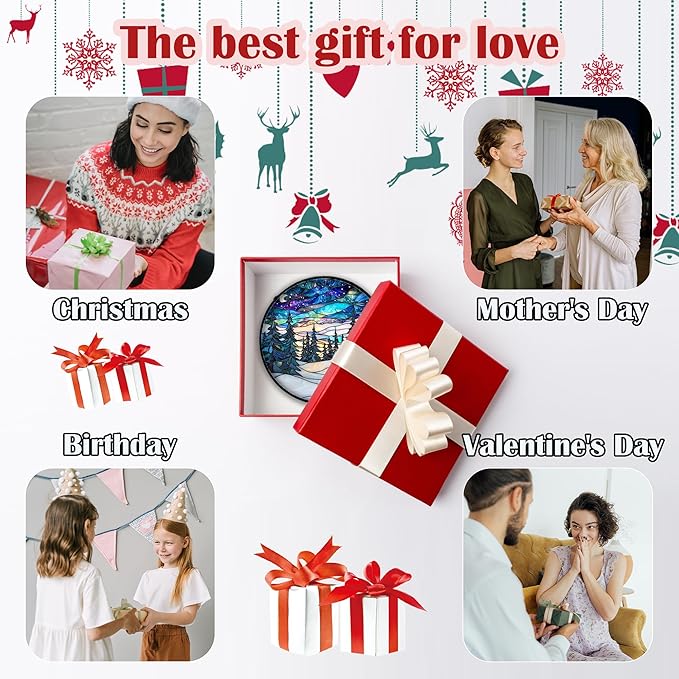 Stained Glass Window Hanging, Starry Sky Trees and Snow Sun Catchers Glass Panel Blue Suncatcher Decor for Birthday for Women, Men, Wife, Aunt, and Mom 9.8 in