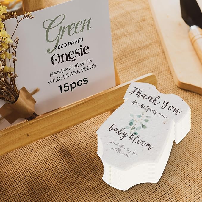 Onesie Seed Paper – 15 Green Baby Shower Favors for Guests with Wildflower Seeds, Writable & Plantable, Baby Shower Gifts for Guest