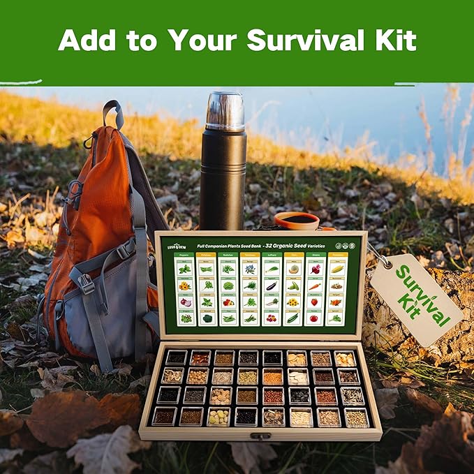 LUSH&DEW Companion Plants Heirloom Seed Bank, Gardening Gifts, 32 Varieties 30,000+ Non-GMO Fall Winter Vegetable Seeds for Planting in Garden Beds Greenhouse, Survival Seed Kit Emergency Food Supply