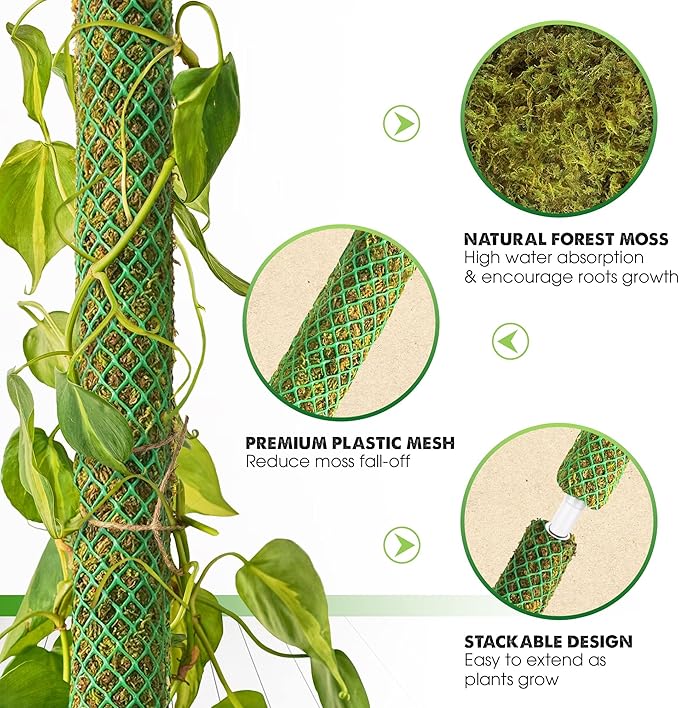 Duspro Green Stackable Mesh Moss Pole for Climbing Vines, Supporting Monstera Trellis, Extendable Plant Pole Moss Sticks, Potted Plant Stakes (4 Pack, 71'')