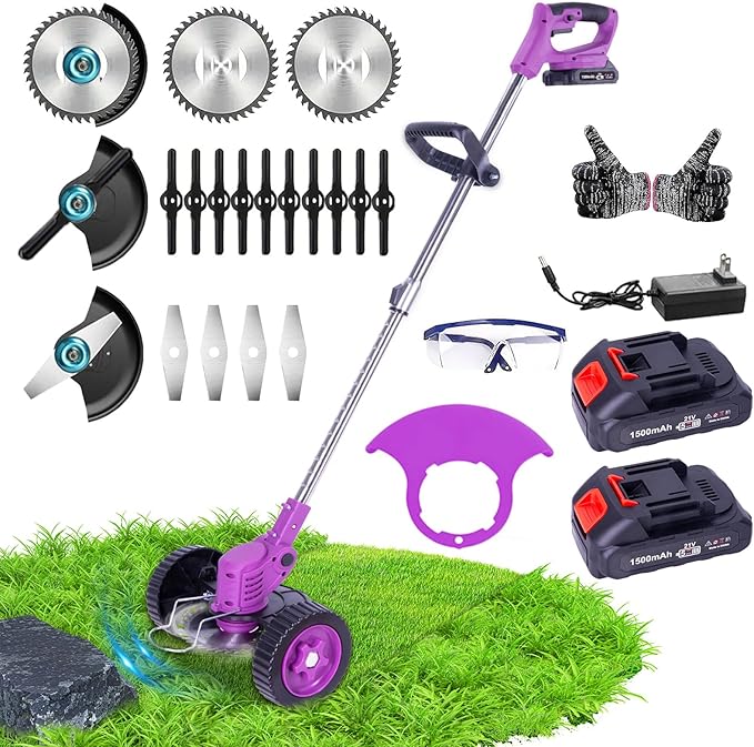 Weed Wacker Cordless Adjustable Weed Eaters 3 in 1 Electric String Trimmer Lawn with Two Battery with Charger Comes with Multiple Blades for Yard,Green,Garden(Purple)