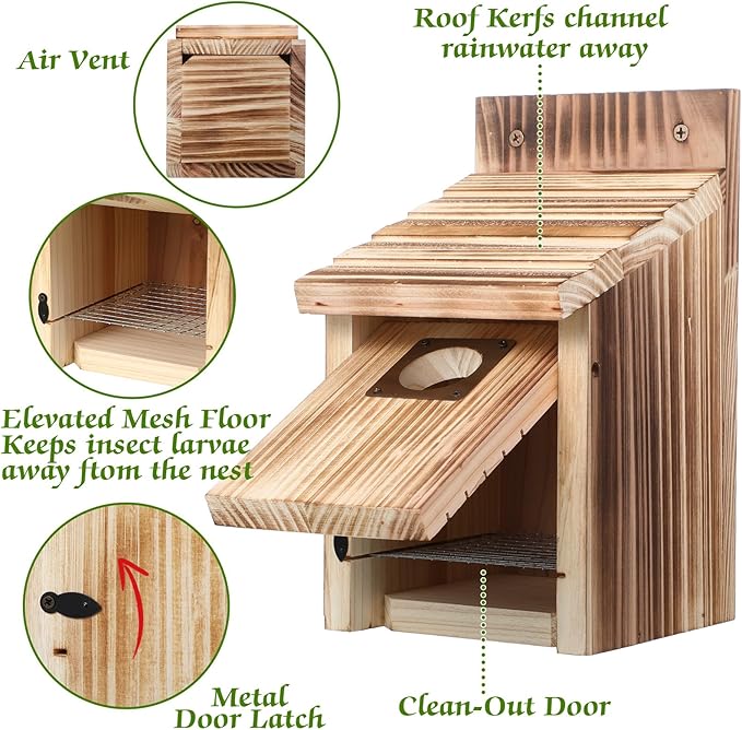 Dreyoo 4 Pack Cedar Bluebird Box Houses for Outside, 1-1/2” Entrance Hole Wooden Bird Houses with Metal Predator Guard, Secure Latch, Fledgling Grooves, Air Vents for Bluebird Wren Swallow Finch