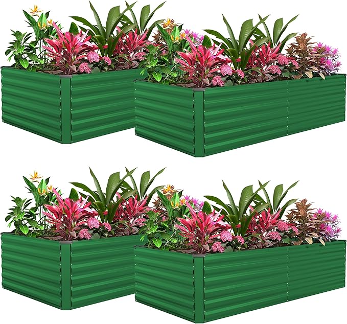 FOOWIN 4pcs 8x4x2ft Galvanized Raised Garden Bed, Planter Raised Garden Boxes Outdoor, Large Metal Raised Beds for Gardening, Garden Bed for Vegetables, Flowers, Herb,478 Gallon Capacity, Green