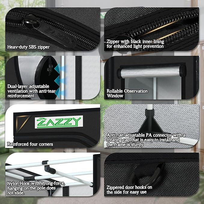 zazzy 2x2 Grow Tent 24"x24"x48"600D Mylar Hydroponic Indoor Plant Grow Tents with Observation Window, Tool Bag and Removable Waterproof Floor Tray for Plants