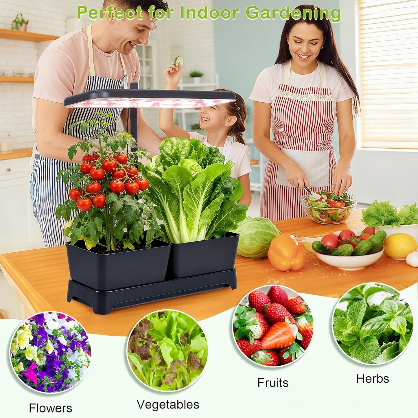 Indoor Garden Led Grow Light Planter Pots, Herb Kitchen Garden Grow Kit, Full Spectrum LED Plant Light for Plants, Height Adjustable Growing Lamp with Intelligent Controller (Black, 16*6.3*7.1 inch)