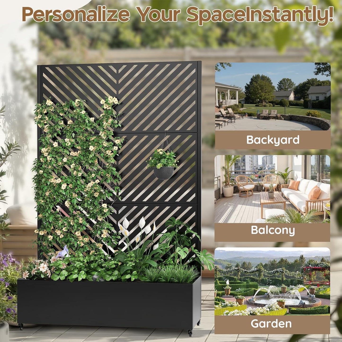 Metal Raised Garden Bed with Trellis & Wheels,72" x 47"x 15.7" Planter Box with Trellis,Privacy Planters for Patio,Garden Bed for Climbing Plants,Suitable for Climbing Plants and Vegetables,Black