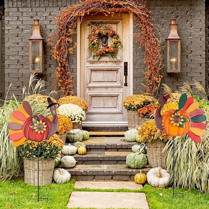 YEAHOME Thanksgiving Decorations Outdoor, 2PCS Turkey Decorative Garden Stakes with Sunflowers for Fall Thanksgiving Decor, Metal Yard Signs for Home Garden Lawn Porch Fall Decorations