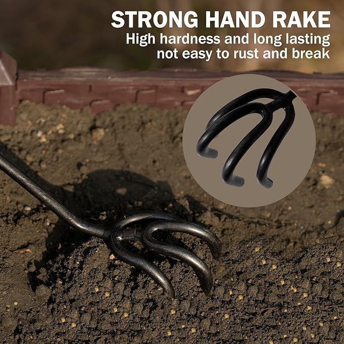 Hand Cultivator Rake, Ergonomic Small Garden Rake with Walnut Handle & 4 Durable Tines, Garden Tools for Weeding, Digging and Cultivating