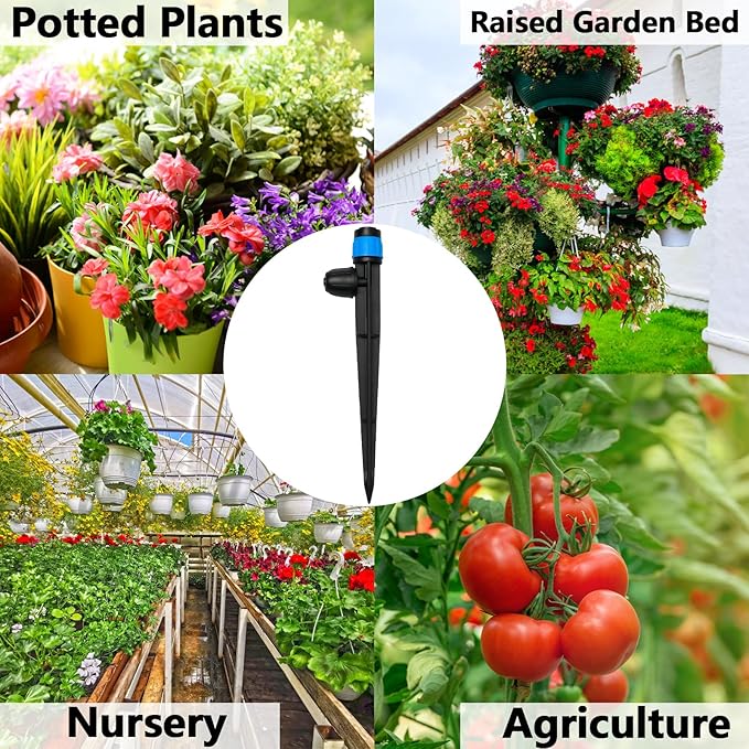 50 Pieces Drip Irrigation Emitters, Adjustable 360 Degree Drip Vortex Emitters on 5" with Stake for 1/4" Drip Irrigation Tubing Irrigation Fan Shape Drippers for Garden Watering System