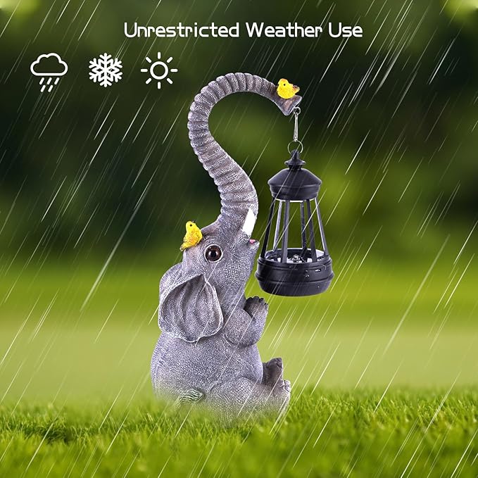 ILLUMINEW Solar Outdoor Garden Decor Elephant Statues Lights, Lucky Elephant Unique Mom Birthday Gifts for Mom, Housewarming Gifts and Yard Decoration, Cute Birds Garden Sculpture Decor