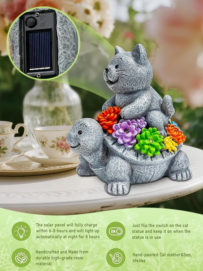 Solar Garden Outdoor Statues Decor, with Cat Turtle Succulent Garden Decor for Home House, Yard Art Lawn, Ornaments, Porch Patio, Balcony - Birthday Gifts for Grandma Mom Women