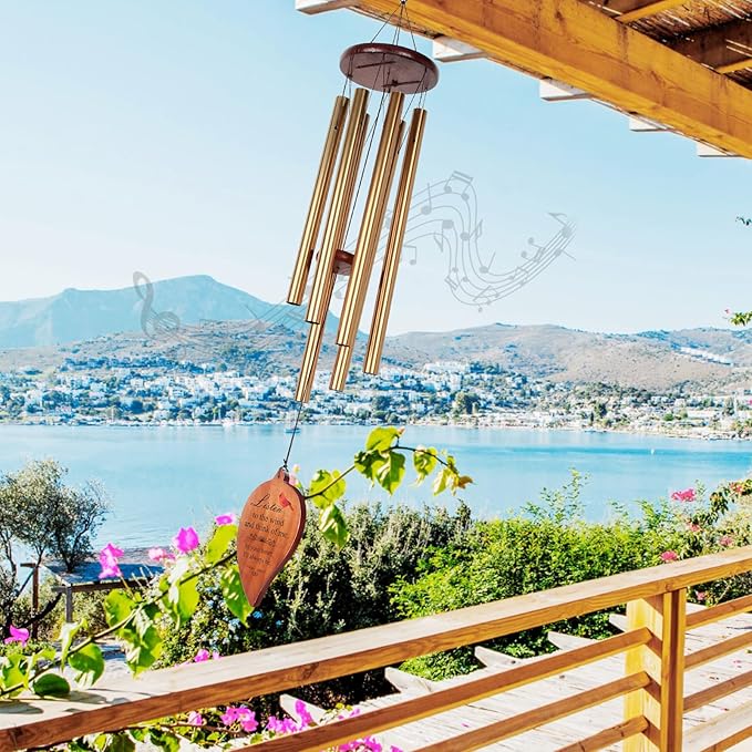 Golden Aluminium Windchimes for Outdoors - Deep Tone Memorial Wind Chimes for Loss of Loved One