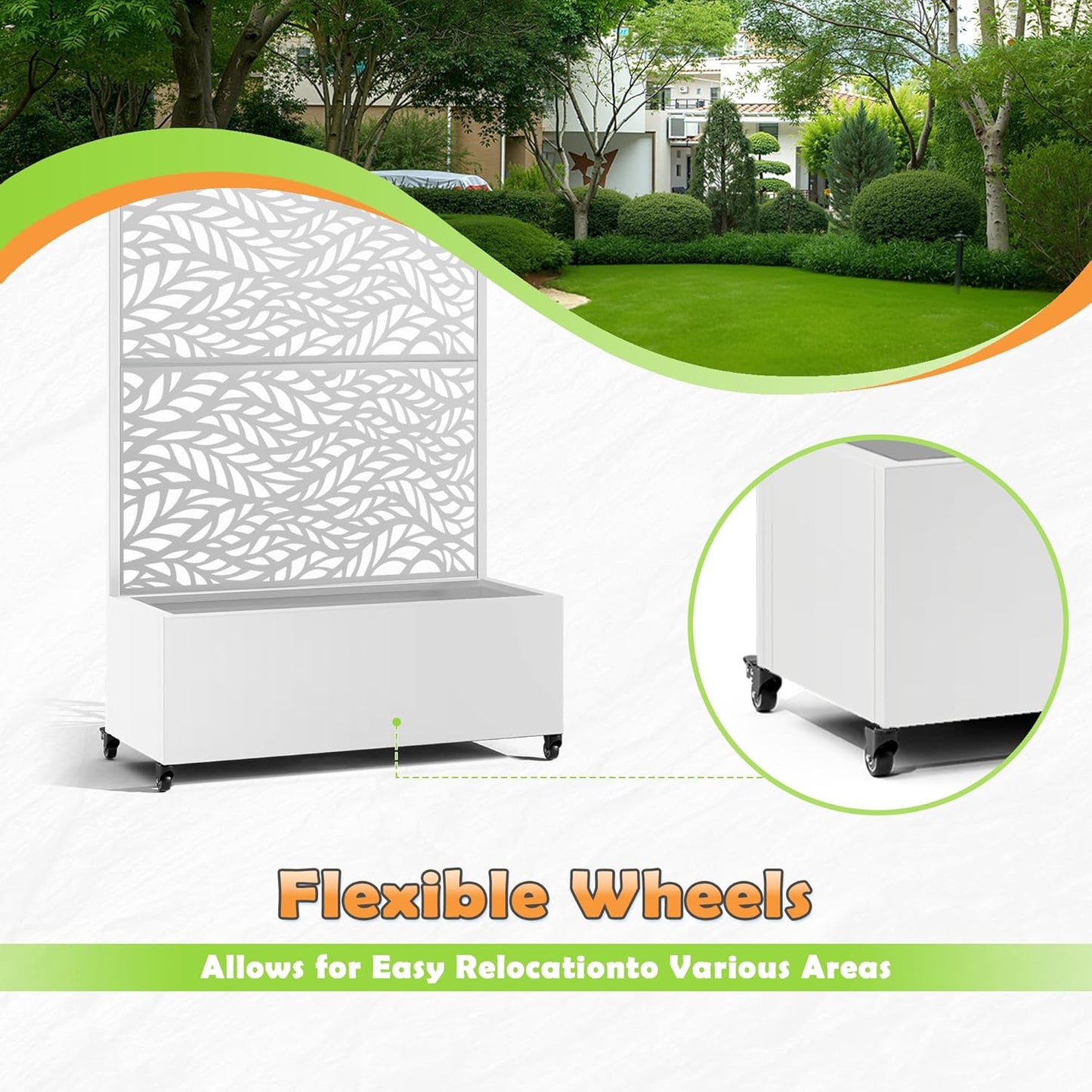 Metal Raised Garden Bed with Trellis, 2-in-1 Planter Box & Privacy Screen for Climbing Plants, Outdoor Standing Flower Bed with Drainage Holes, 35.4" L x 15.7" W x 70.1" H, White-Spring