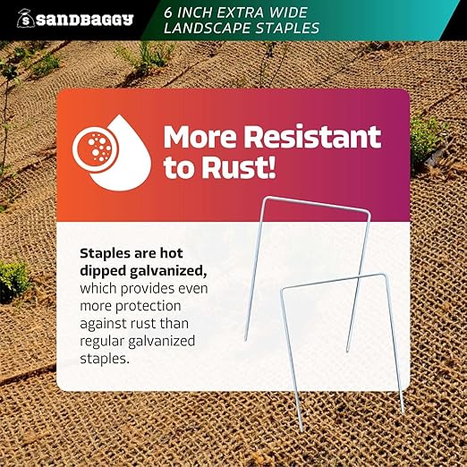 Sandbaggy 6" Wide Landscape Staples - Extra Heavy Duty: 7 Gauge Galvanized Steel - Hold Down Pipes, Landscape Fabric, Ground Cover, Erosion Control Netting, Sod, & Turf (100, 6" W x 8" L)