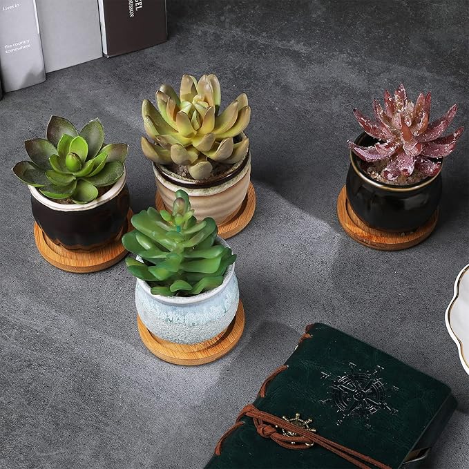 Remerry 12 Pcs Small Succulent Pots Bulk with Drainage Assorted 2.5 Inch Mini Ceramic Succulent Planters Pot with Coaster Bamboo Plant Tray Planting Pots for Home Office Garden (Rich Color)