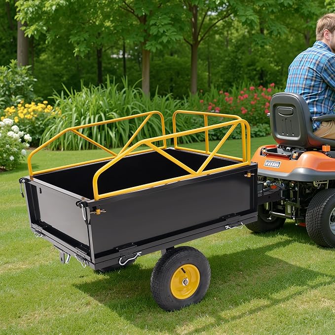 Jocisland Garden Utility Trailer, 500Lbs 12 Cu.Ft ATV UTV Trailer Tow Behind Dump Cart with Removable Sides, Rear Hitch & Convenient Handle, Outdoor Lawn Mower Cart for Tractor