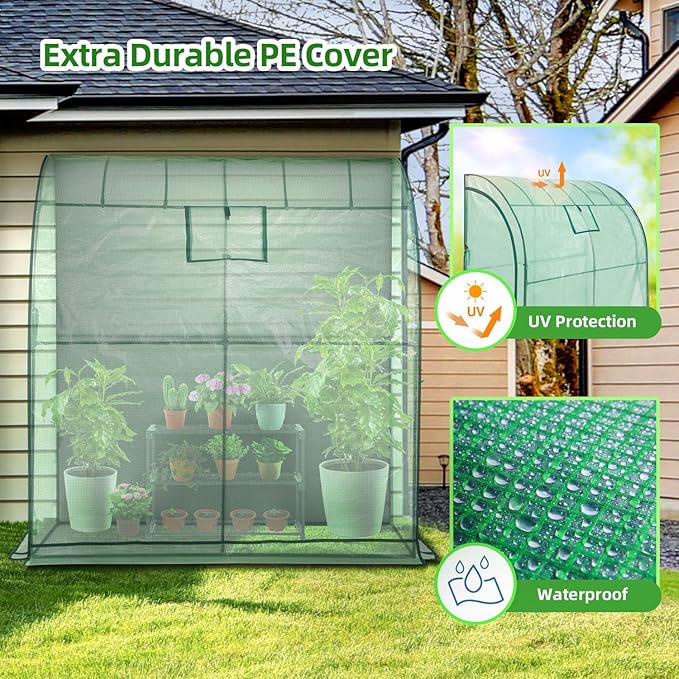 Lean-to Greenhouse with 3-Tier Shelves: Ohuhu Portable Walk-in Wall Mounted Green House with Mesh Windows, 79"x39"x83" Large Greenhouses with 2 Roll-Up Zipper Doors Reinforced Structure for Outdoors