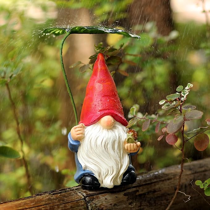 Garden Gnome Statue Decoration with Leaf Umbrella, 6.5” Figurine Ornament for Indoor Outdoor Home Patio Yard Lawn, for Gnome Lovers & Garden Enthusiasts,Mom,Women