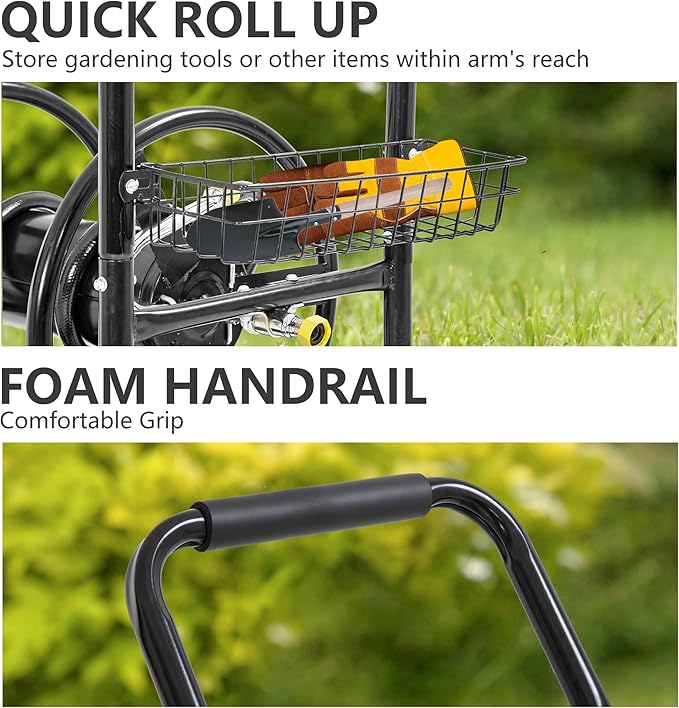 Hose Reel Hold Up To 300 Ft Heavy Duty Garden Hose Reel Sturdy Water Hose Reel Cart with 4 Wheels Storage Basket for Garden Lawn Yard Outdoor (Black)