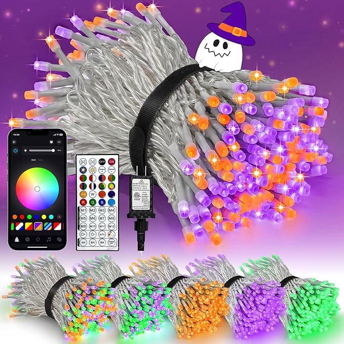Smart LED Halloween String Lights with Remote & App 66FT 200LED, Waterproof RGB Dimmable Clear Wire Christmas Lights, Color Changing Christmas Tree Light Outdoor Indoor with Timer for Halloween Decor