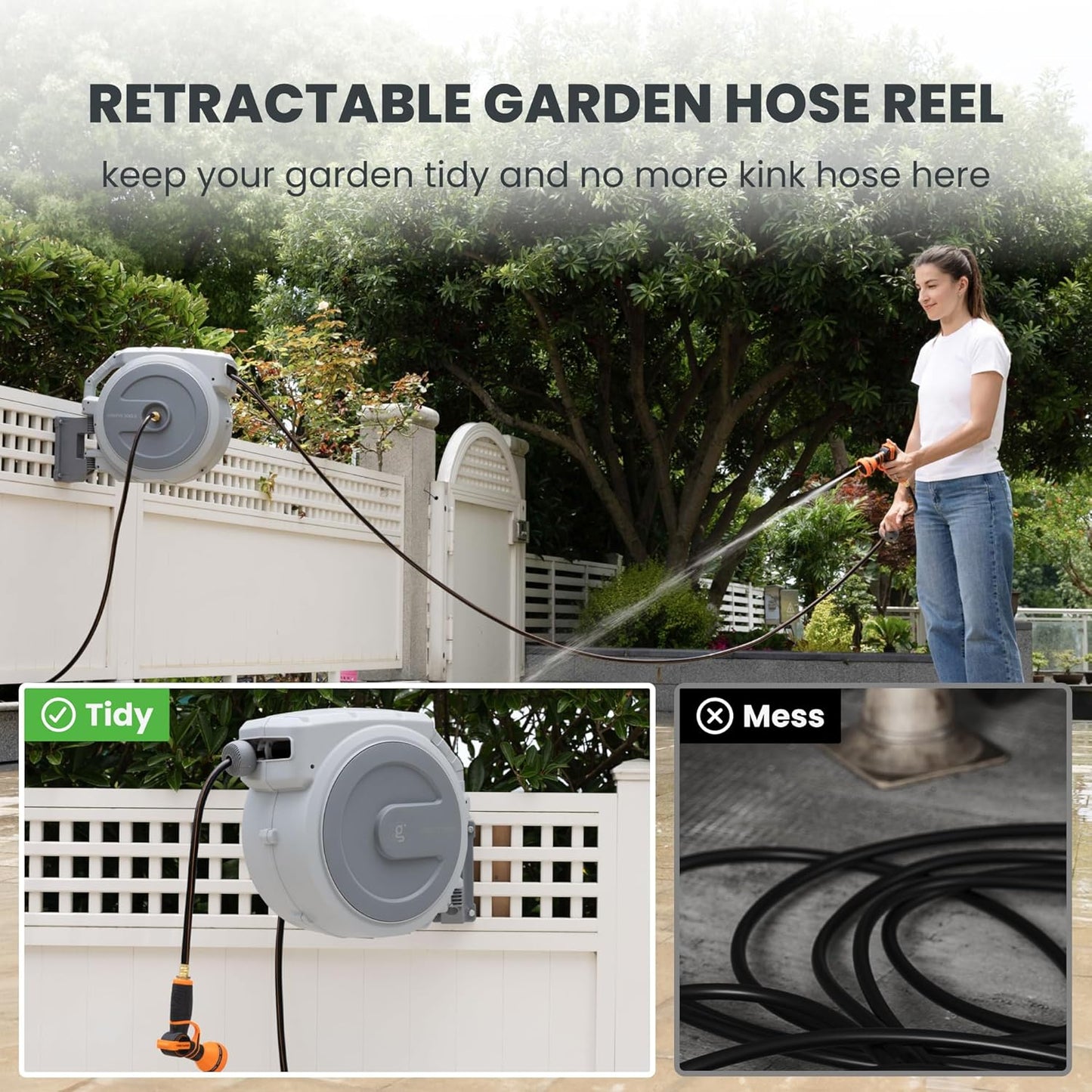 Giraffe Tools Heavy Duty Retractable Garden Hose Reel 1/2 130 FT, Wall Mounted with 9 Pattern Nozzle & Detachable Leader Hose, 180° Swivel Bracket, Any Length Lock, Commercial Grade (Light Grey)