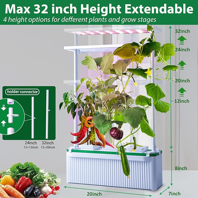 Large Hydroponics Growing System kit with Trellis,Smart Indoor Hydroponic Gardening System with LED Grow Light, Indoor Hydroponic Grow Kit for Tomato,Pepper,Cucumbers(7L,Pump)
