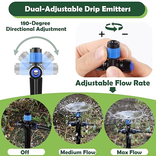 21PCS Adjustable Drip Irrigation Emitters(Fan-shaped) Kit-Quick Connect for 1/4" Tubing, Dual Adjustment System-Easy to Install Drippers for Precise Garden Watering of Vegetables,Shrubs&Flowers