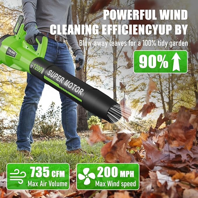 Leaf Blower Cordless, 735 CFM Brushless Electric Blower with 2 X 5.0Ah Battery, 6 Speed Levels, 3 Extension Tubes, Lightweight Battery Leaf Blower for Lawn Care, Garden, Yard, Patio Leaves