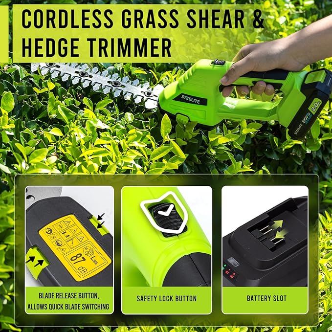 STEELITE Hedge Trimmer Cordless, 21V Handheld Shrub & Bush Trimmer Electric with 2 x 2.0Ah Batteries, Fast Charger, Mini Grass Trimmer for Effortless Trimming
