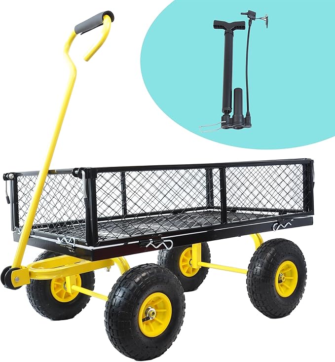 Wagon Removable Sides - Farm, Warehouse, Yard Dump Cart - Yellow+Black Air Wheels