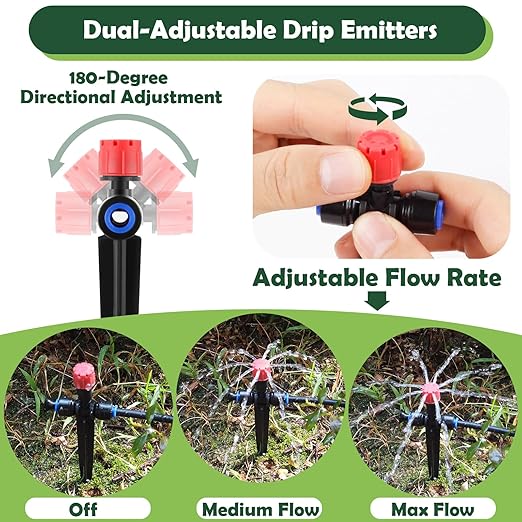 21PCS Adjustable Drip Irrigation Emitters(8-Hole) Kit-Quick Connect for 1/4" Tubing,Dual Adjustment System-Easy to Install Drippers for Precise Garden Watering of Vegetables,Shrubs&Flowers