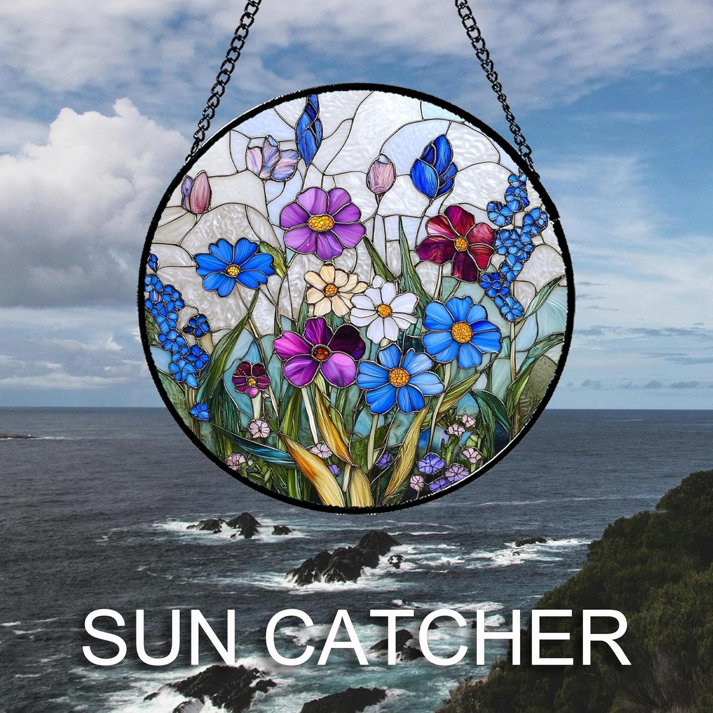 Stained Glass Window Hanging Blue Purple Wildflowers Large 15" - Suncatcher Door Garden Sunroom Sun Catcher Home Decor Birthday Christmas for Mom Men Woman Nana Friend