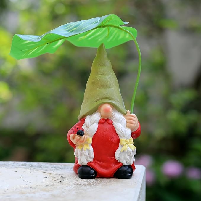 Garden Female Gnome Statue Decoration with Leaf Umbrella, 7.5” Figurine Ornament for Indoor Outdoor Home Patio Yard Lawn, for Gnome Lovers & Garden Enthusiasts,Mom,Women