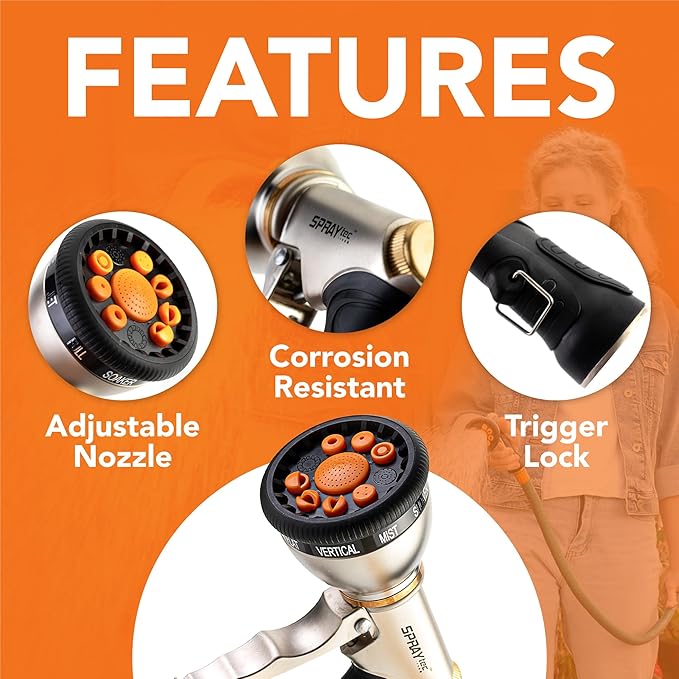 Durable Heavy Duty Garden Hose Nozzle - 9 Spray Patterns & 5 Extra washers - High-Pressure Water Hose Nozzle, Easy to Use for Watering Plants, Dog Wash