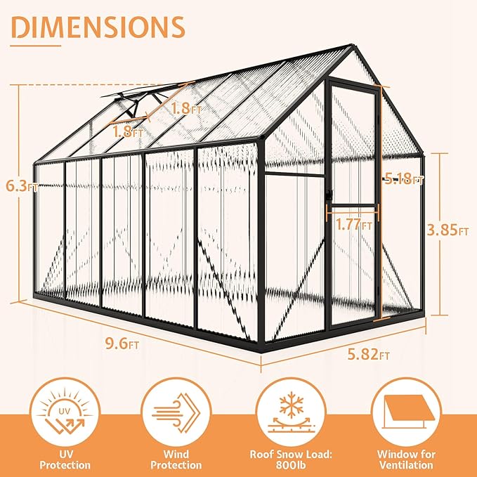 Jocisland 6x10x6.3 FT Polycarbonate Greenhouse for Outdoors with 2 Windows, Dual Swing Doors, Aluminum Walk-in Frame, Heavy Duty Garden Greenhouse for Backyard, Black