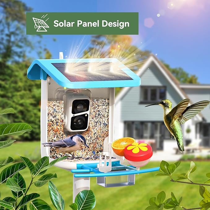 Smart Bird Feeder with Camera, Solar Bird Feeder - 2K HD Live Video Camera AI Identify Birds, Visible Window Auto Capture -Instant Arrival Alerts, Birds Lover Gifts (Blue)