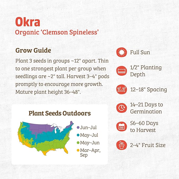 Back to The Roots 100% Organic Heirloom Seeds - Okra Value Pack(2.8g Total)